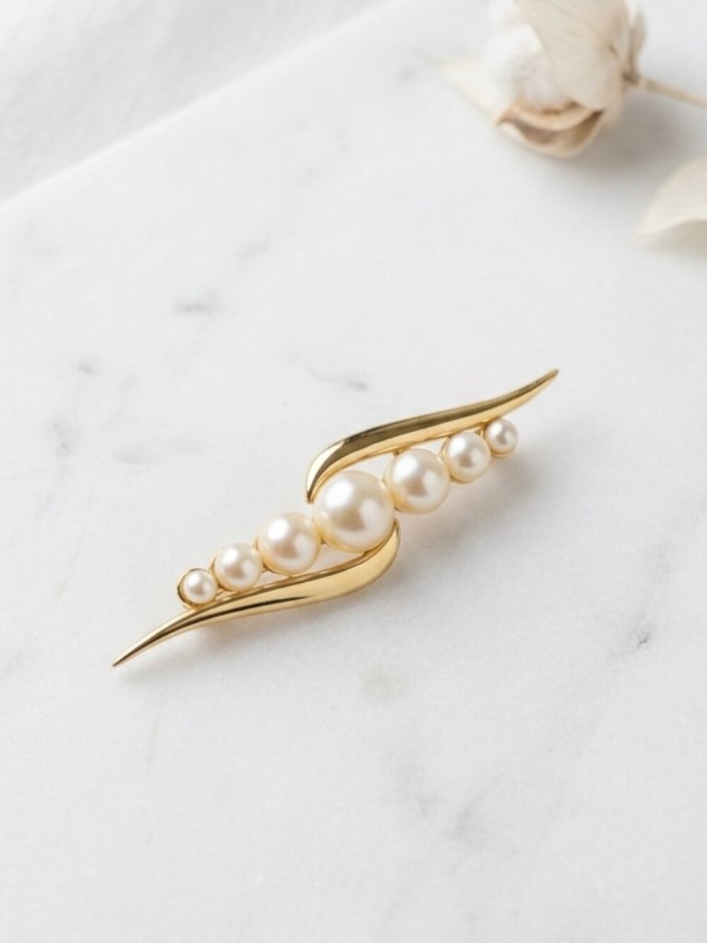 MONET - Vintage Gold Brooch Pin w/ Pearls Curved Bar Design